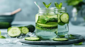 Refreshing cucumber mint water in jars on a blue table