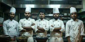 Confident indian chefs standing together in professional kitchen