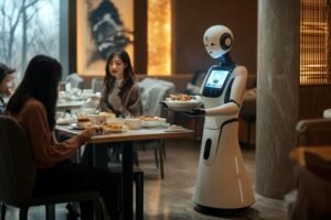 A robot is serving food in a restaurant with a man serving him