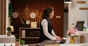 Diverse staff team helping old woman