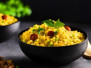 poha in black bowl realistic 