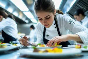 Young female chef decorating a meal in the kitchen