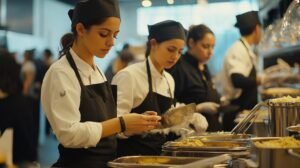 Young female chef decorating a meal in the kitchen
