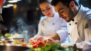 Two chefs preparing a meal in a professional kitchen