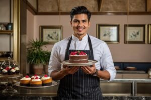 A man holding a chocolate cake