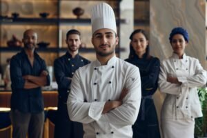 confident business leader standing with diverse team
