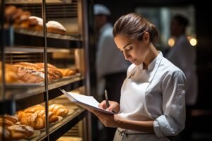 Female baker taking notes while at the pastry shop