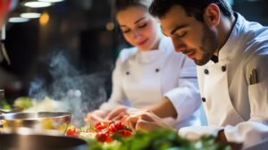 two chefs preparing meal-professional kitchen