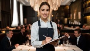 young smiling waitress workwear standing