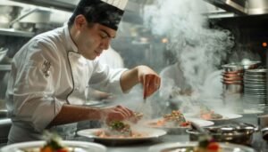 chef garnishing dishes busy restaurant kitchen