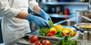 professional chef preparing fresh vegetables modern kitchen showcasing hygiene culinary skills food preparation