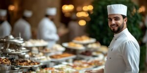 Smiling chef in white uniform standing in front