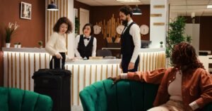 Tourist on vacation ringing concierge bell 