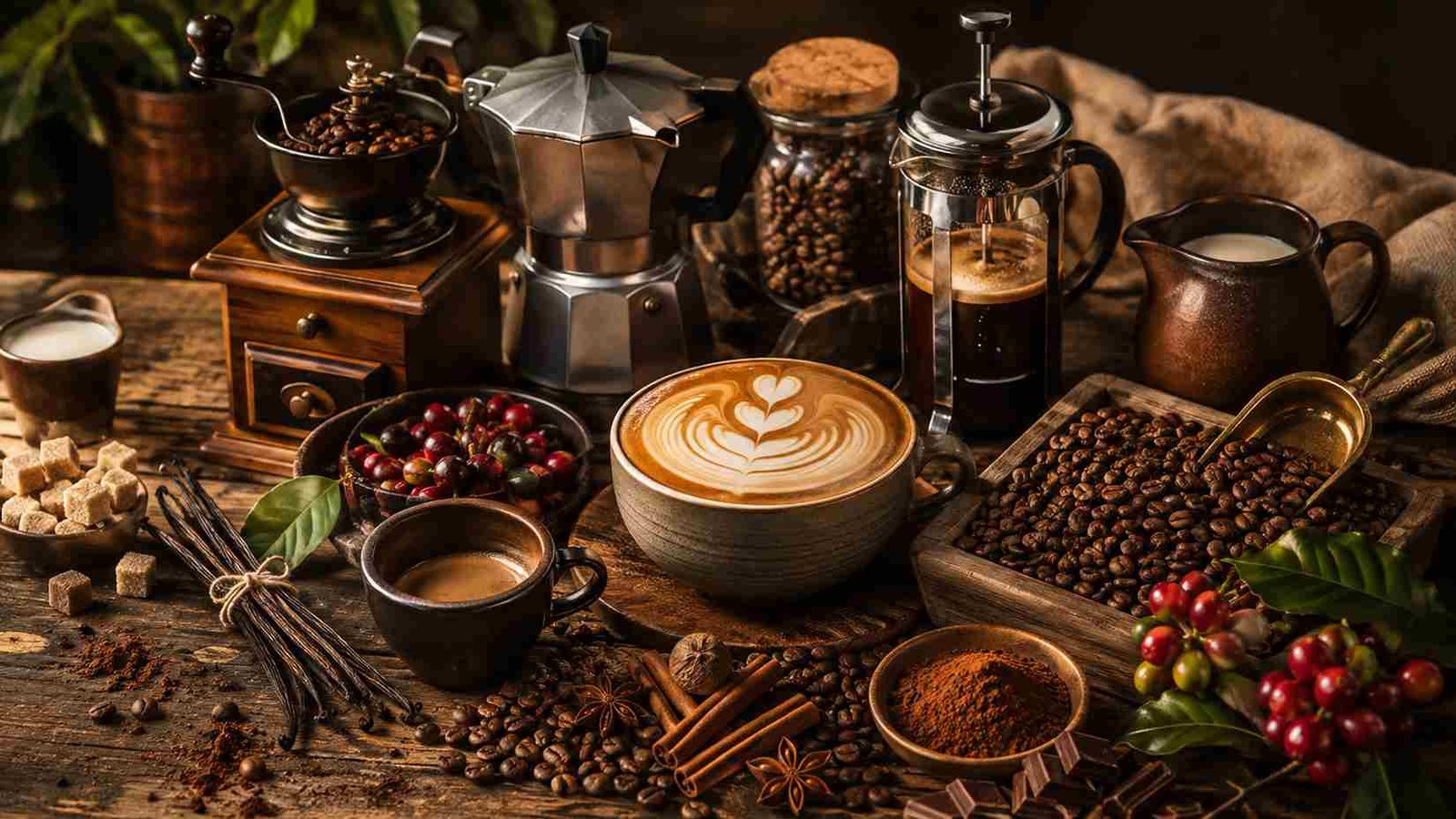 Barista course in India with coffee beans, cappuccino, espresso and professional coffee-making tools