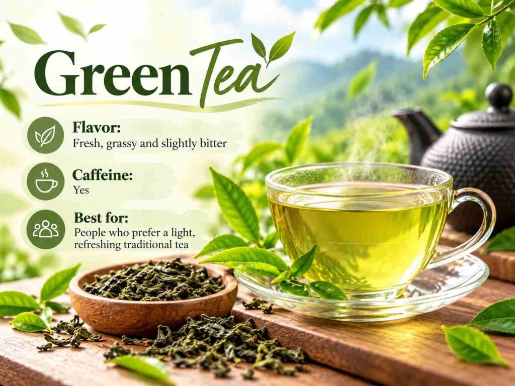 Green tea is the best choice for people looking for a healthy tea. It is made from Camellia sinensis.